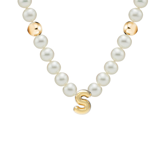 Solid Gold Bubble Letter Gemstone Pearl neckalce