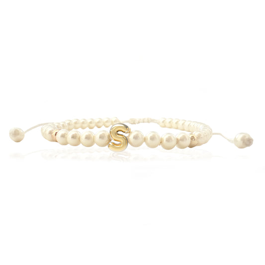 Solid Gold Bubble Letter Gemstone Pearl Bracelet