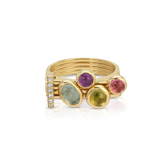 One of a kind, LNQD Stacking Ring – Blue Topaz, Amethyst, Garnet & Pink Tourmaline in 14k Gold