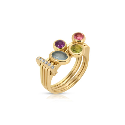 One of a kind, LNQD Stacking Ring – Blue Topaz, Amethyst, Garnet & Pink Tourmaline in 14k Gold