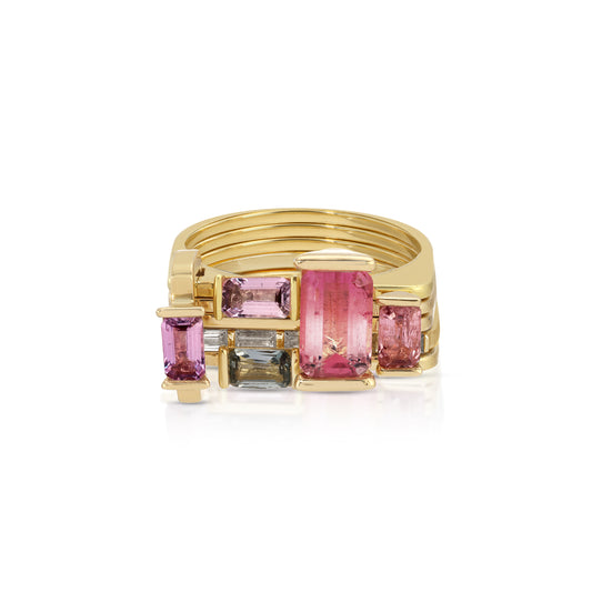 One of a kind, LNQD Stacking Ring – Watermelon Tourmaline & Pink sapphire with baguette diamonds